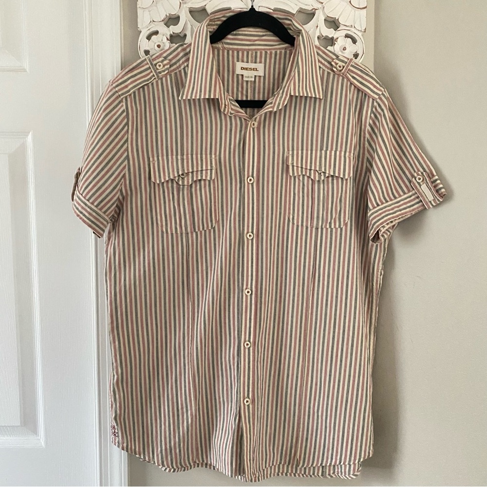 Diesel Women's Striped Button Up Blouse Top VTG Sz XL Neutral Y2K
